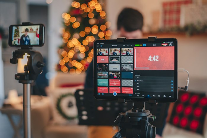 Video production studio with camera and editing monitors
