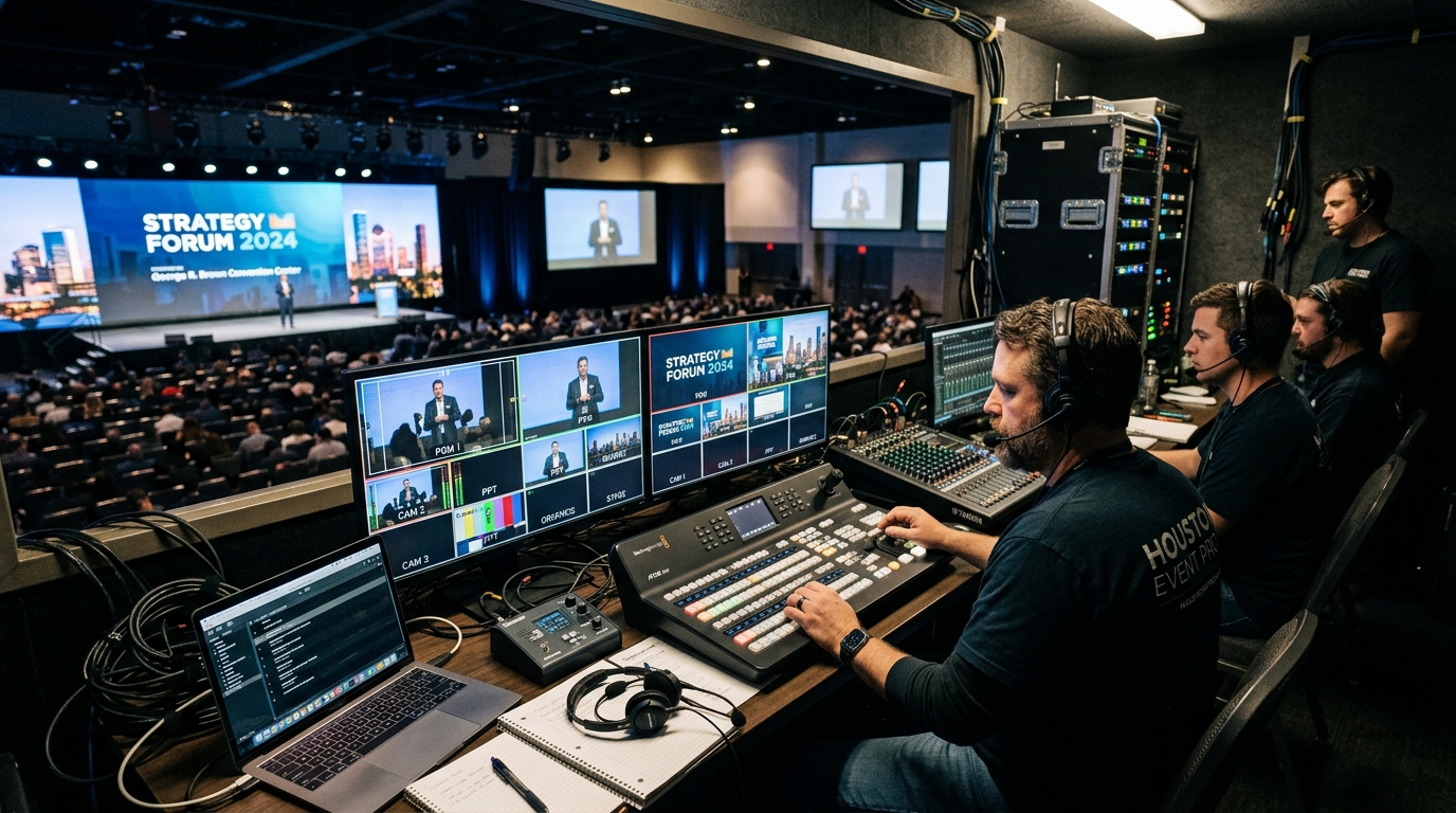 Corporate event video production crew managing camera feeds and audio in Houston