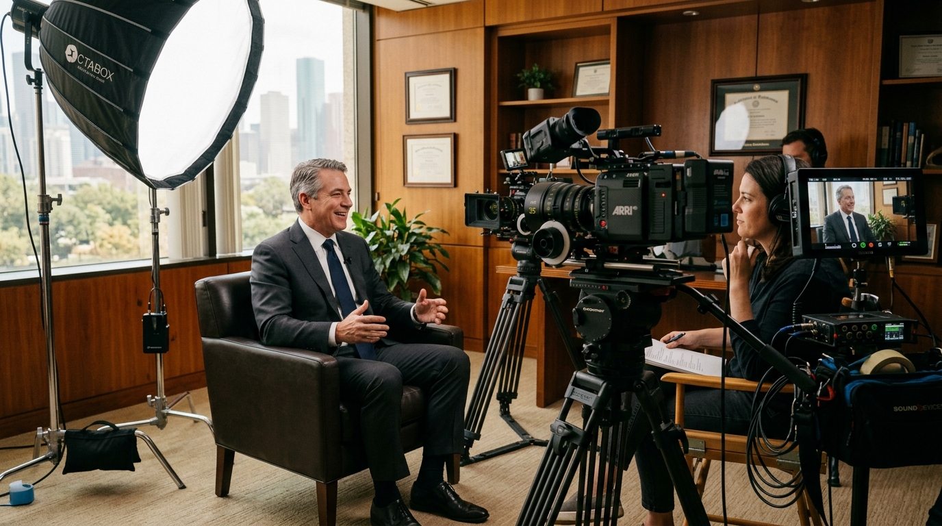 Filming a corporate documentary interview in Houston