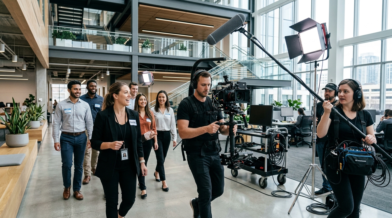 Filming employee facility orientation tour in Houston