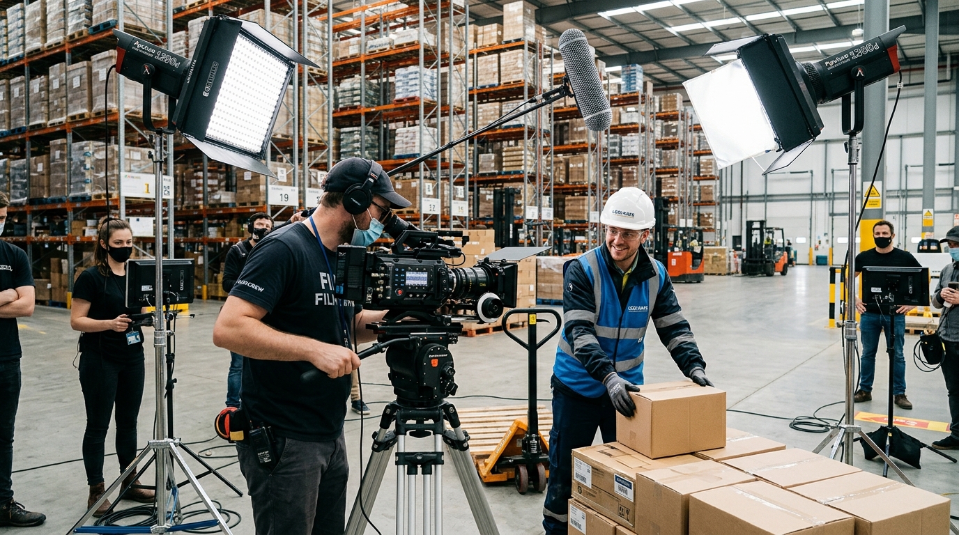 Filming worker safety demonstration in a Houston facility