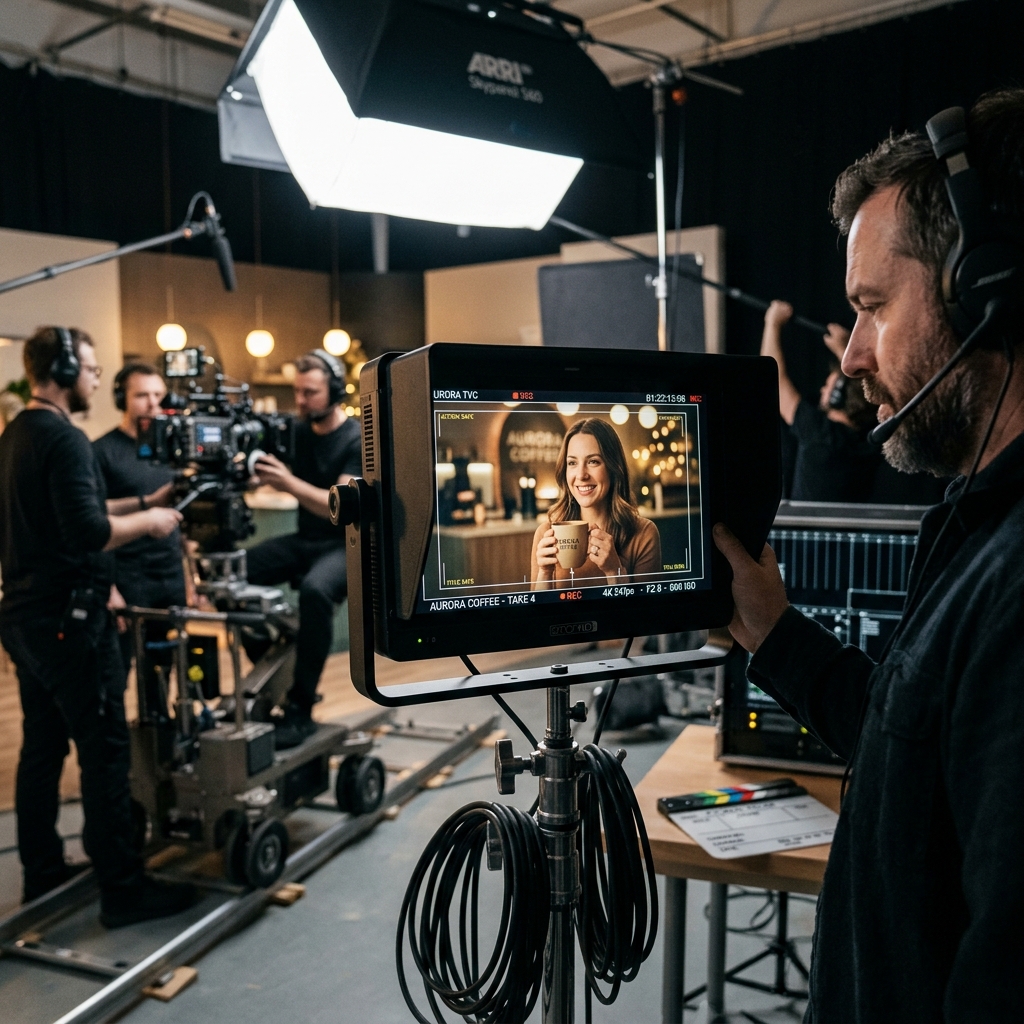 Director monitor on a Houston television commercial shoot